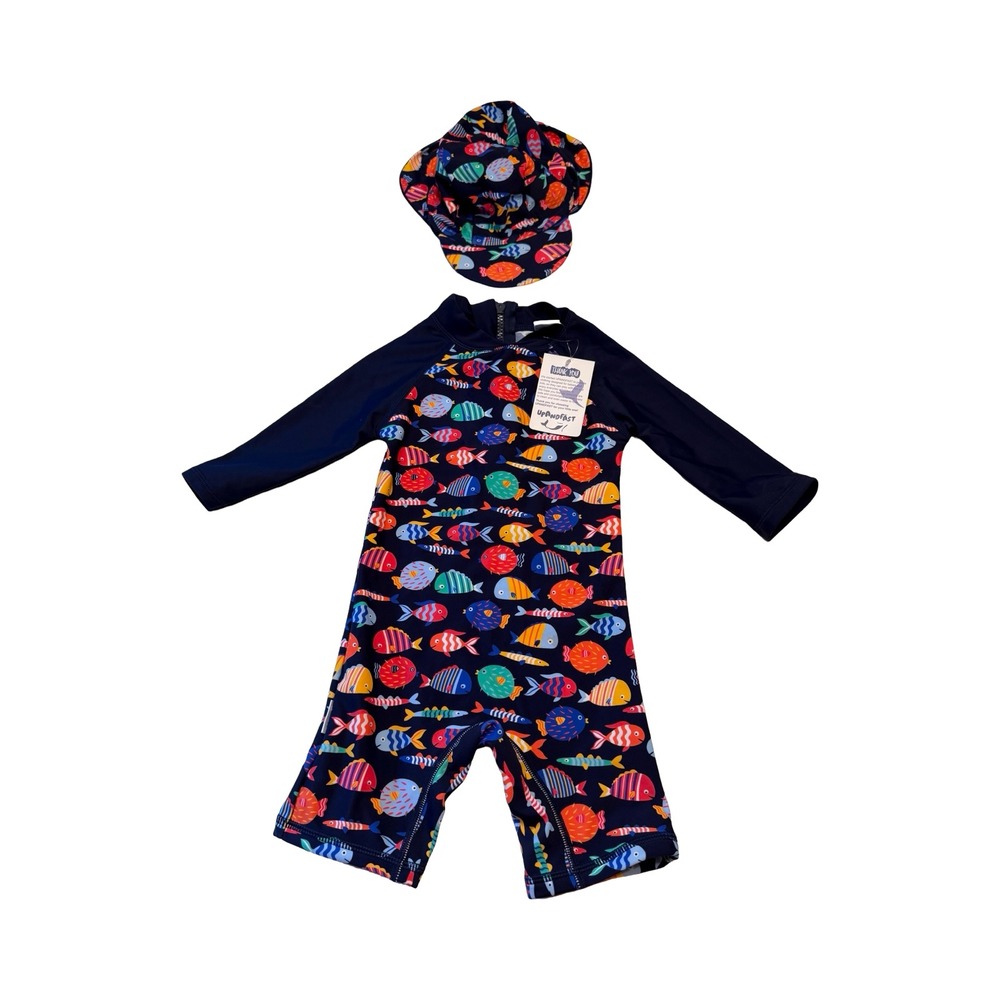 UPANDFAST Kids Navy Fish Print Long Sleeve Rash Guard Swimsuit & Hat Set 18-24M